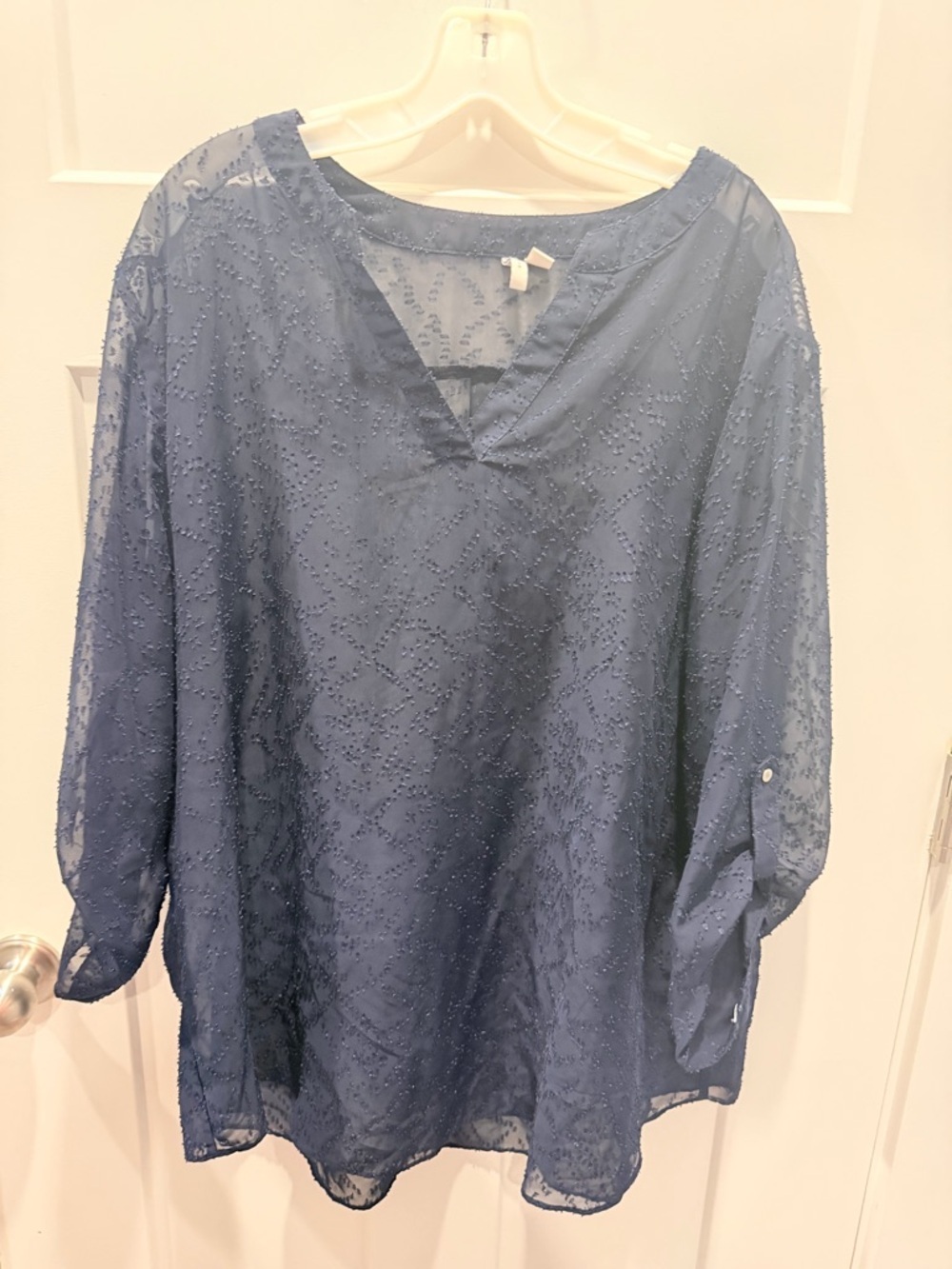 Navy Swiss Dot Sheer Blouse Womens 22 24 Neck Roll Tab Sleeve Top